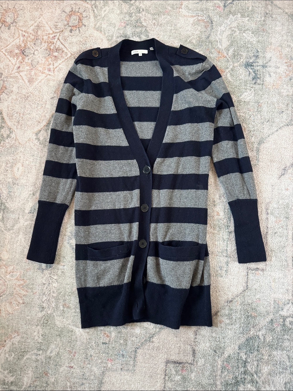 Vince Navy and Gray Striped Button-Front Cardigan